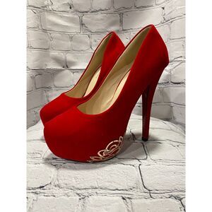 Fuluolin Red Suede Platform Stiletto Pumps with Gold Detail Size 38 NWOT